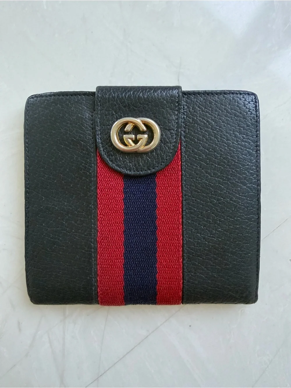 Vintage Gucci Black Leather Bifold Wallet with Red & Blue Web Stripe